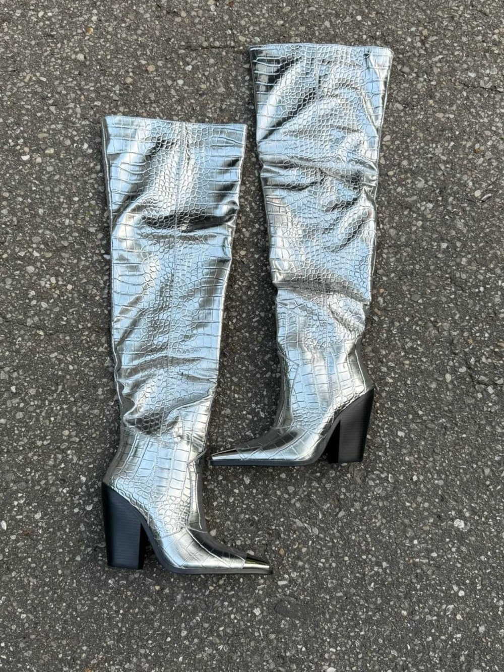 Metallic Silver Croc-Embossed Knee-High Block Heel Boots